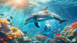 Dolphin underwater in bright rays of the sun against the background of colorful corals and fish