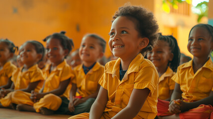 Dark-skinned little kids in kindergarten in yellow clothes. Dark-skinned children happily listening to teacher in kindergarten