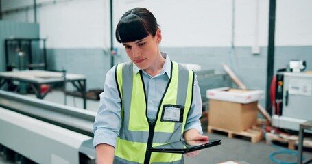 Poster - Office, inspection and woman with tablet as engineer or architect in construction, working and online. Workplace, employee and female person with technology for industry, business and project