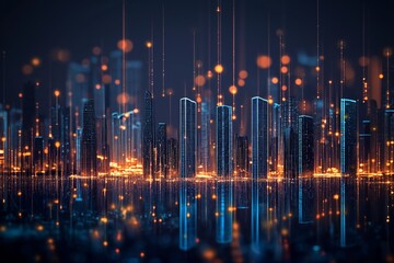 Abstract smart city scape, night light skyline, panoramic, wide angle, skyscrapers with a water reflection of the skyline