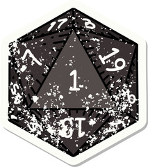 Sticker - grunge sticker of a natural 1 D20 dice roll