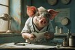 Intelligent Anthropomorphic pig wearing doctor medical uniform. Piglet animal dressed in white hospital coat. Generate ai