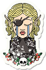 Sticker - grunge sticker of a crying elf rogue character face with natural one D20 roll