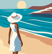 Vector flat illustration summer. A woman in a white dress and summer hat rests on the beach looking at the seascape. Vector illustration in flat art style