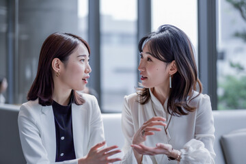 women are sitting at a table, talking to each other. one of them is wearing a white shirt and the ot