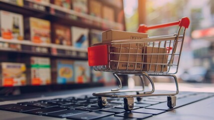 Fototapete - Shopping Cart on Laptop Keyboard