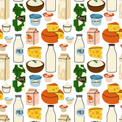 Wall Mural - Dairy products seamless pattern. Milk, kefir and yogurt. Cheese, butter and cream. Organic farm healthy food. Decor textile, wrapping paper, wallpaper design. Background design vector cartoon flat