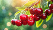 Close-up of ripe red cherries growing on branch with green leaves. Garden fruit tree.