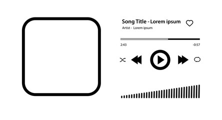 Music player Song plaque with buttons loading bar equalizer sign sound wave and frame for album photo. Trendy music player interface . Vector