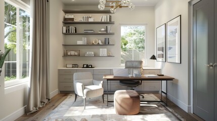 Poster - Organized Home Office Setup With Desk, Chair, Bookshelf