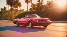 3d View Red Cabrio Sports Car, Sunrise, Palm Trees, 1980 Retro Style