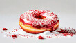 Delicious sweet donut with red glaze and decoration. An appetizing donut lies on a white background. Created with the help of artificial intelligence.