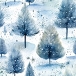 Wintry watercolor seamless pattern with blue pine trees under a serene snowfall.