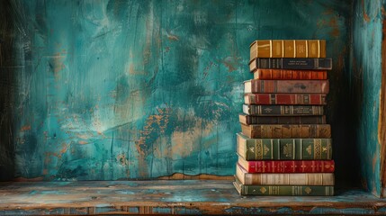 Wall Mural - a stack of books on a table next to a blue wall, in the style of retro vintage	