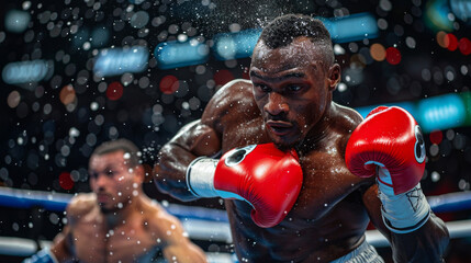 Two boxers in the ring, boxing match championship. Title match. Heavy weight boxing.