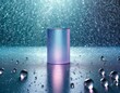 A clear, glass-like cylinder on a wet surface, surrounded by small water droplets, capturing the essence of purity and natural form