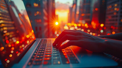 Poster - Double exposure of woman hand typing on laptop computer and cityscape at night