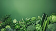 An image showcasing a collection of green vegetables artistically arranged on a green background