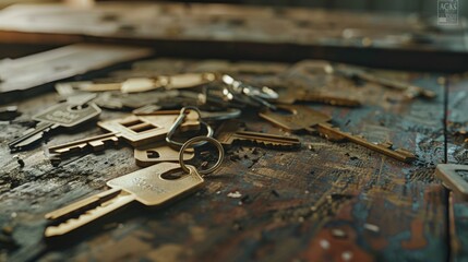 Poster - A bunch of keys on a wooden table, perfect for home security concepts