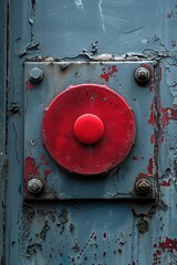 Poster - Close up of a red button on a metal door. Suitable for security or technology concepts