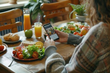 Wall Mural - Woman sitting at a table with a plate of food and a cell phone. Suitable for lifestyle and technology concepts