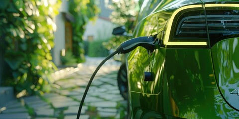 Wall Mural - Green car plugged into electric charger. Suitable for renewable energy concepts