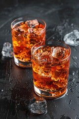 Poster - Two glasses filled with ice on a table, suitable for various beverage concepts