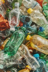 Poster - A pile of empty plastic bottles stacked on top of each other. Suitable for environmental and recycling concepts