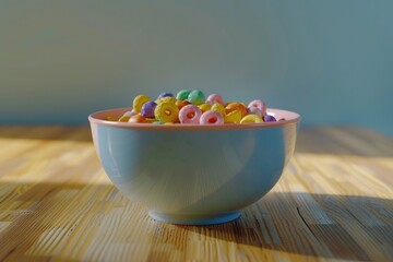 Poster - A simple image of a bowl of cereal on a wooden table. Suitable for breakfast or kitchen concepts