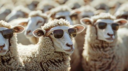 Aufkleber - A group of sheep standing together wearing sunglasses. Suitable for summer themed designs