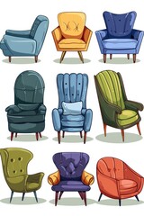 Poster - A set of nine different colored chairs, perfect for adding a pop of color to any space