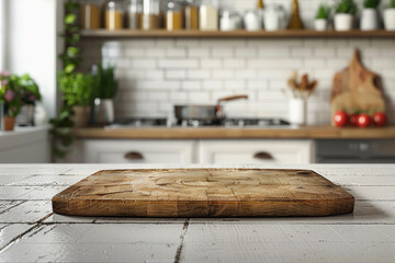 Sticker - Empty chopping board and blurred background of a white kitchen