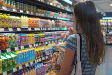 Poster - Woman browsing drinks in grocery store, suitable for food and beverage concepts