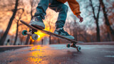 Color photo of skateboard, pro skateboarder. Close-up of skateboard with yellow wheels on sidewalk. 