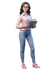 Wall Mural - 3D character woman teacher holding a book, pastel colored outfit, full body standing pose isolated on transparent background