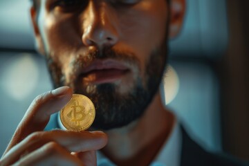 Poster - A man in a suit holding a bitcoin. Suitable for financial concepts