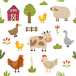 Seamless pattern with animals farm and flowers for your fabric, children textile, kids apparel, nursery decoration, gift wrap paper. Vector illustration