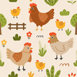 Seamless pattern with Cute hen, chicks, flowers and plants for your fabric, children textile, apparel, nursery decoration, gift wrap paper. Vector illustration
