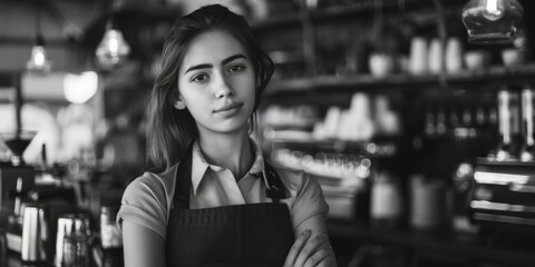 Poster - A woman standing in front of a shelf filled with bottles. Suitable for various commercial and retail concepts