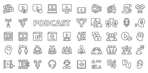 Podcast icons in line design. Streaming, interviews, broadcasting, microphone, podcaster, broadcasts, talk, guests, podcasting isolated on white background vector. Podcast editable stroke icons