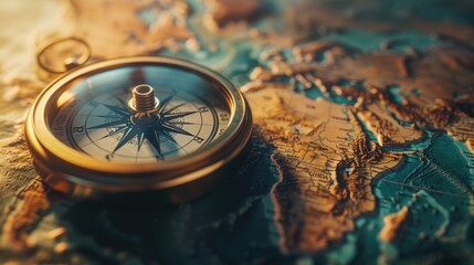 Poster - Close up of a compass on a map, perfect for travel concepts
