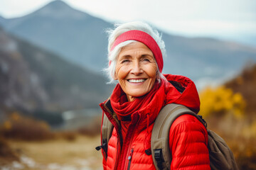 Canvas Print - Cheerful old lady, like an elderly woman enjoying outdoor activities, close-up