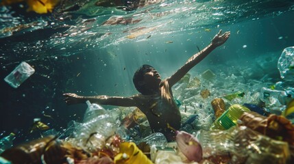 Poster - A boy swimming in the polluted ocean, caution advised for environmental awareness campaigns