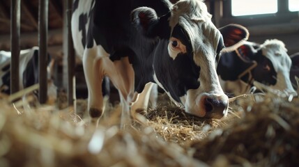 Wall Mural - Cows feeding in a barn, suitable for agriculture concepts