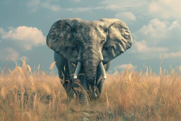 Aufkleber - Majestic elephant walking through tall grass field. Perfect for wildlife and nature concepts