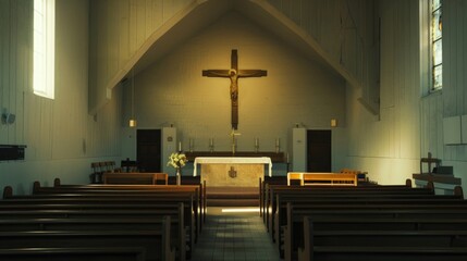 Poster - Interior of a church with wooden pews and a cross on the wall. Suitable for religious themes and spiritual concepts