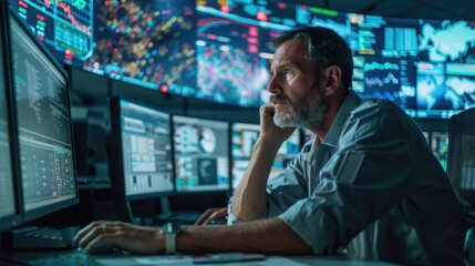 Aufkleber - A man sitting at a desk in front of multiple monitors. Ideal for business and technology concepts