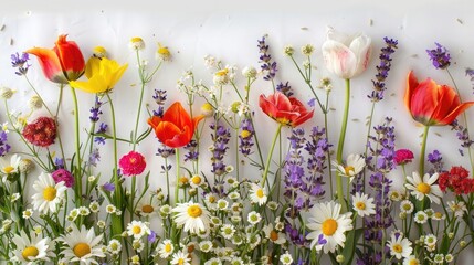 Wall Mural - A mesmerizing array of freshly picked wildflowers, including delicate daisies, vibrant tulips, and fragrant lavender, artfully arranged against a backdrop of pure white