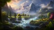 Mountain river panorama. Digital painting. Panoramic image.