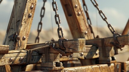 Poster - Detailed view of wooden structure with chains, versatile for various design projects